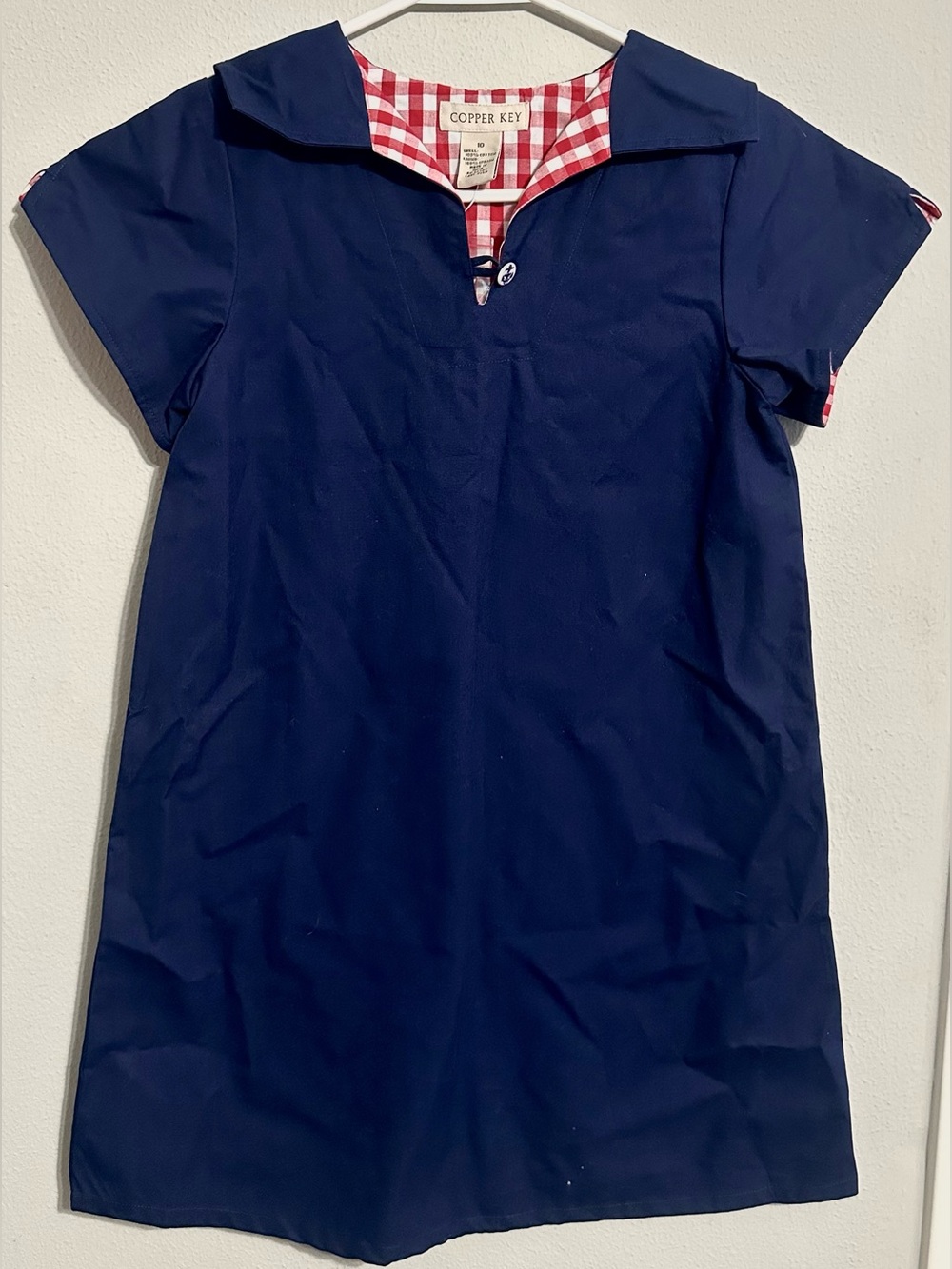 Copper Key Navy Dress with Red Gingham Collar